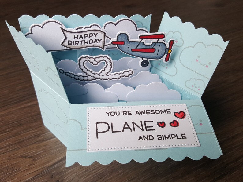 Pop-up 3D Happy Birthday Card | Creative handmade card | 3D plane awesome clouds | clouds, heart, travel birthday card, long distance