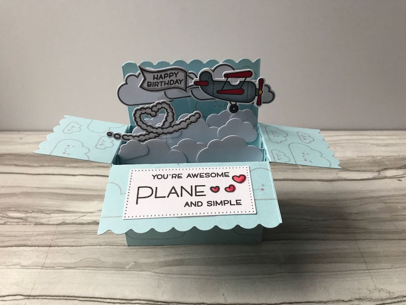 Pop-up 3D Happy Birthday Card | Creative handmade card | 3D plane awesome clouds | clouds, heart, travel birthday card, long distance