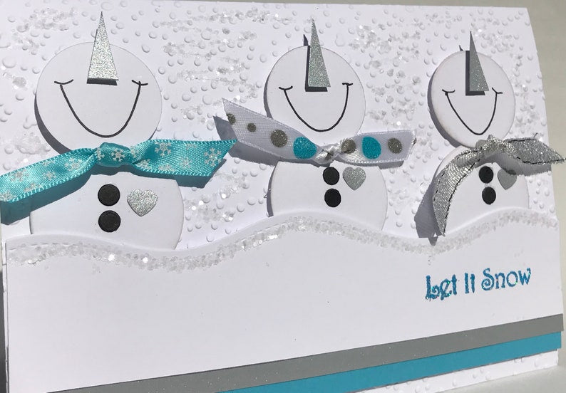 Let it Snow- 3D Snowmen Card in Blue and Silver, 3D Christmas Card, 3D Snowmen Card, Unique Christmas Card, Handmade Card, Handmade 3D Card