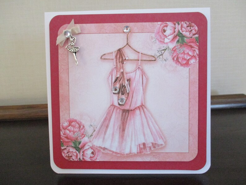 Handmade Card  of Ballet Shoes and Tutu, with Tibetan Silver 'Dancer' charm, for any occasion.