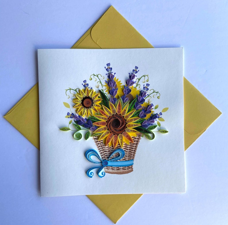 Sun flowers basket Quilling card, Art paper, Greeting Card, Quilling Card, Craft cards, Handmade card.