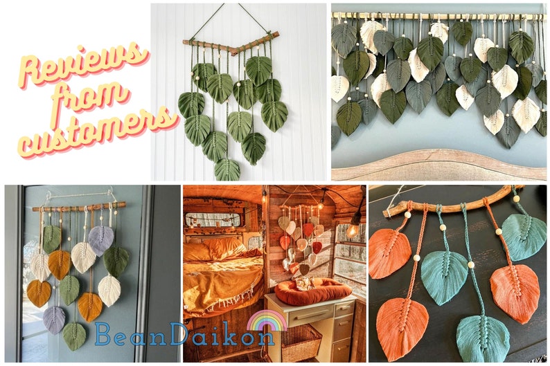 Green Leaves Macrame Wall Hanging, Macrame Feather Wall Decor, Scandinavian Decor, Wall Art, Boho Nursery Decor Plant Lover Mothers Day Gift