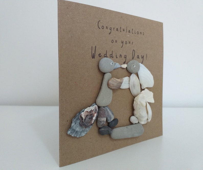 Wedding Card, Beach art, Love Birds, pebble art, Handmade Card, blank card,